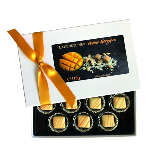 Lauensteiner Mango-Marzipan-Pralinen 115g, 10 handgemachte, alkoholfreie Fruchtpralinen in eleganter Geschenkbox - Weiße Edle Pralinen - Geschenk für jeden Anlass von Lauenstein Confiserie