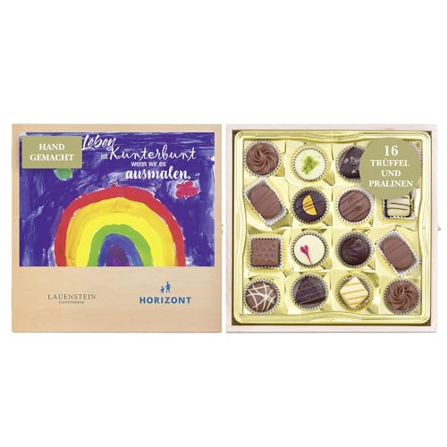 Lauensteiner Schatzkästchen Regenbogen | 200g, 16 Trüffel und Pralinen, ohne Alkohol | Für einen guten Zweck von Lauenstein Confiserie