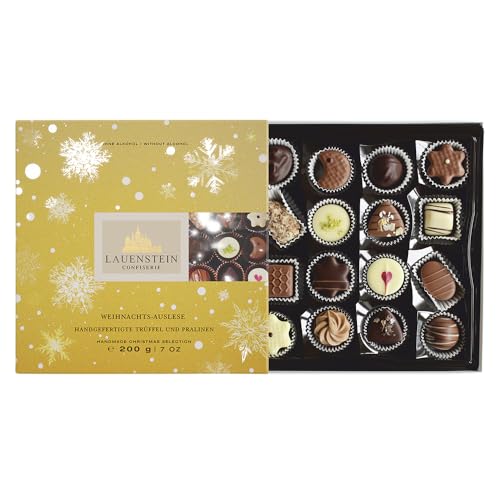 Lauensteiner Weihnachtspralinen 200g, Handgemachte Weihnachtsschokolade ohne Alkohol, Ideal als Geschenk zu Weihnachten, 16 Alkoholfreie Pralinen, 16-fach sortiert von Lauenstein Confiserie