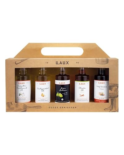 LAUX BBQ Essig Öl Set - 5 Sorten im Set: Olivenöl, Kräuter Knoblauch Öl, Röstzwiebel Öl, Essig & Balsam - Geschenk zu Ostern - Ideales Grill Zubehör (5 x 40ml) von Laux