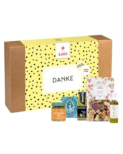 LAUX Danke Geschenkbox | 5er Gourmet Set mit Bunter Pasta, Olivenöl, Sauce, Dip & Meersalzflocken | Geschenke für Frauen & Männer | Weihnachtsgeschenke von Laux