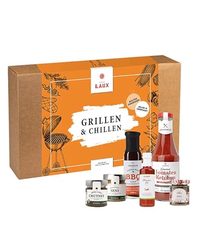 LAUX Grillen & Chillen Set | Geschenkbox mit 6 BBQ Feinkost-Spezialitäten | Grill Zubehör Aus Hochwertigen Zutaten | Geschenkidee zu Vatertag & Grillen von Laux