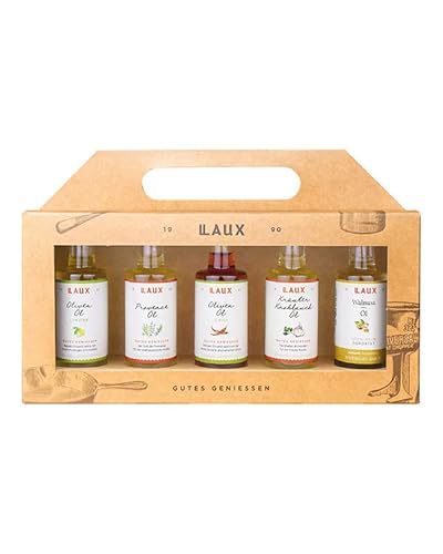 LAUX Öl Geschenkbox - 5er Set mit Olivenöl, Wallnussöl, Provence & Kräuter Knoblauch Öl - Ideal als Salat & Gemüse Topping - Geschenk zu Ostern (5 x 40ml) von Laux