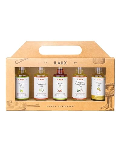 LAUX Öl Geschenkbox - 5er Set mit Olivenöl, Wallnussöl, Provence & Kräuter Knoblauch Öl - Ideal als Salat & Gemüse Topping - Geschenk zu Ostern (5 x 40ml) von Laux