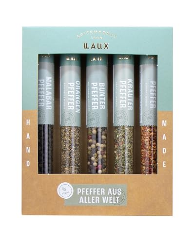 Laux Pfeffer Aus Aller Welt Geschenkbox - 5 Erlesene Gewürze Set - Hochwertiges Salat & Grill Zubehör - Ausgefallene Geschenke für Männer & Frauen von Laux