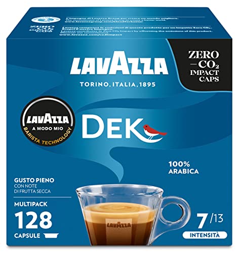 Lavazza A Modo Mio Dek Cremoso, 128 Kaffeekapseln, für einen entkoffeinierten Espresso mit Noten von Mandeln und Canditi, 100% Arabica, Intensität 7/13, mittlere Röstung, 8 Packungen x 16 Kapseln von Lavazza