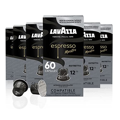 Lavazza Espresso Ristretto Dark Roast Arabica & Robusta Aluminium-Kapseln, kompatibel mit Nespresso-Original-Maschinen (60 Stück), Vorteilspack, intensiv und vollmundig, dunkle Crema, Intensität 12 von Lavazza