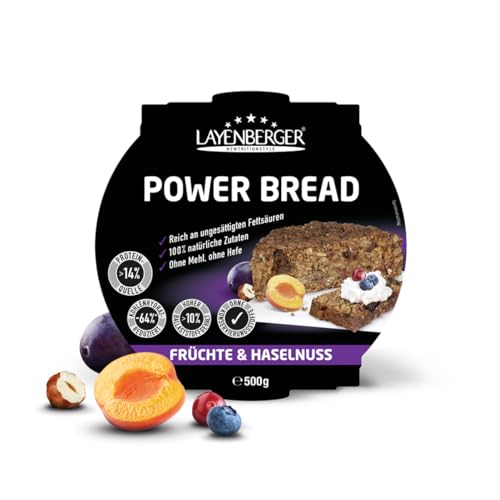 Layenberger Power Bread Früchte & Haselnuss, Eiweiß- und Ballaststoffquelle, ohne Konservierungsmittel, ohne Hefe, ohne Mehl, mit 14g Protein pro 100g, (1 x 500g) von Layenberger