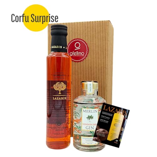 Corfu Surprise Geschenkbox Lazaris Kumquat Likör und Merlin Dry Gin von Lazaris