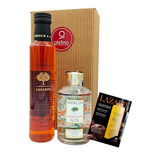 Corfu Surprise Geschenkbox Lazaris Kumquat Likör und Merlin Dry Gin von Lazaris