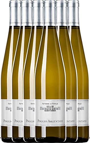 VINELLO 6er Weinpaket Weißwein - Poggio Argentato Toscana Bianco IGT 2020 - Le Pupille mit einem VINELLO.weinausgießer | trockener Weißwein | italienischer Wein aus der Toskana | 6 x 0,75 Liter von Le Pupille Fattoria