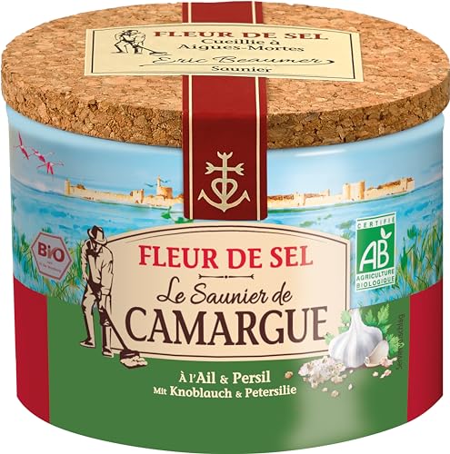 Le Saunier de Camargue Fleur De-Sel Knoblauch Petersilie in 125 g Dose, Premium Meersalz aus Süd-Frankreich, Ideal als Finishing von Speisen von Le Saunier De Camargue