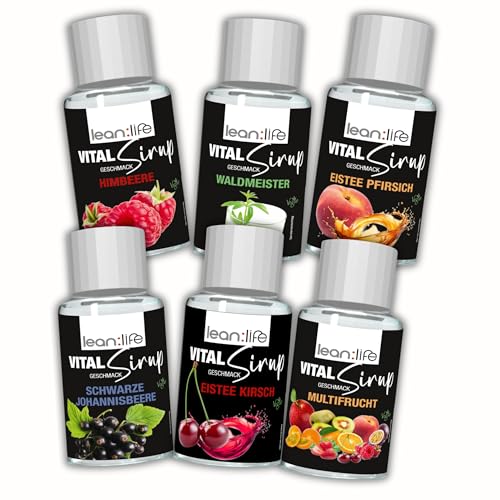 Lean:Life – Vital Sirup Bundle 6x 100 ml - Eistee-Pfirsich, Waldmeister, Himbeere, Eistee Kirsch, schwarze Johannisbeere & Multifrucht - Getränkesirup zuckerfrei – mit Vitamin B12, B6, C, L Carnitin von Lean:Life