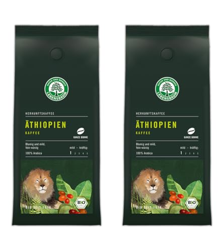 LEBENSBAUM 2 x Äthiopien Kaffee ganze Bohne, Bio-Kaffee aus Arabica-Bohnen mit fein-würzigen Aroma, Röst-Kaffee mit fruchtig-mildem Geschmack, 2 x 250g von Lebensbaum