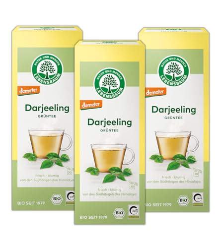 LEBENSBAUM 3 x Darjeeling Grüntee, Grüner Bio Tee Set, 3er Set Darjeeling Tee Beutel, Bio Tee 3 x 20 Teebeutel x 1,5 g von Lebensbaum