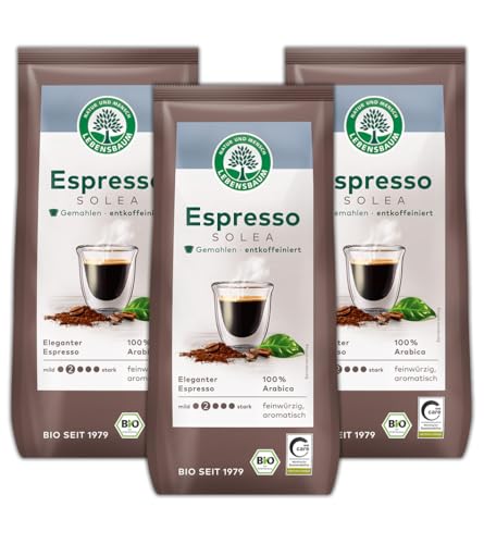 LEBENSBAUM 3 x Espresso Solea entkoffeiniert, Bio-Kaffee aus Arabica-Bohnen entkoffiniert gemahlen, Intesität 2/5, sanft aromatisch, 3 x 250 g von Lebensbaum