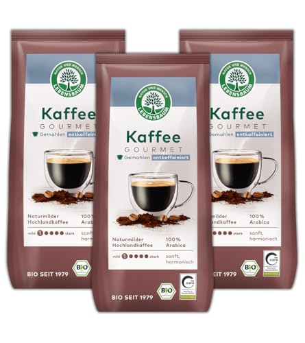 LEBENSBAUM 3 x Gourmet Kaffee entkoffeiniert, gemahlen, Bio-Kaffee aus Arabica -Bohnen gemahlen, Intensität 1/5, Harmonischer Hochlandkaffee, sanft, harmonisch, 3 x 250 g von Lebensbaum