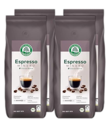 LEBENSBAUM 4 x Espresso Minero ganze Bohne, Bio-Röstkaffe aus 100% Arabica-Bohnen, kräftig intensiver Geschmack, satte Crema, 4 x 1 kg von Lebensbaum