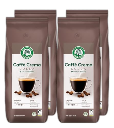 LEBENSBAUM 4 x Kaffee Café Crema Solea ganze Bohne, Bio-Kaffee aus Arabica-Bohnen ganz, Intensität 4/5, kräftiges Aroma, gerösteter Espresso feinwürzig aromatisch, 4 x 1 kg von Lebensbaum