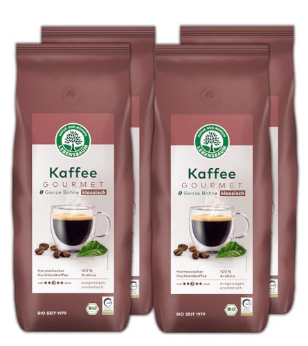 LEBENSBAUM 4 x Kaffee Gourmet Klassich, ganze Bohne, Bio Kaffee aus Arabica-Bohnen ganz, Intensität 3/5, ausgewogener, aromatischer Genuss, 4 x 1 kg von Lebensbaum