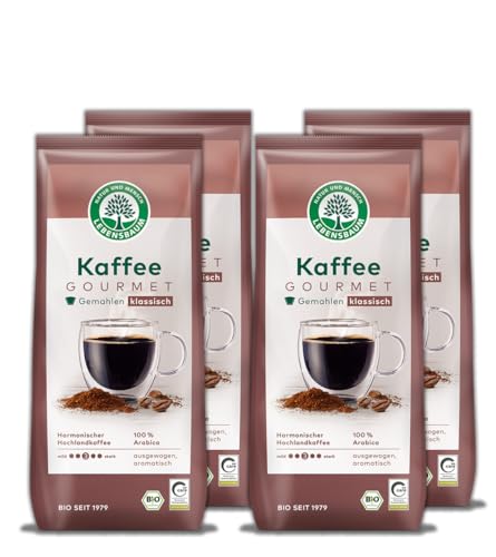 LEBENSBAUM 4 x Kaffee Gourmet Klassisch, gemahlen, Bio Kaffee aus Arabica-Bohnen gemahlen, Intensität 3/5, ausgewogener, aromatischer Genuss, 4 x 500 g von Lebensbaum