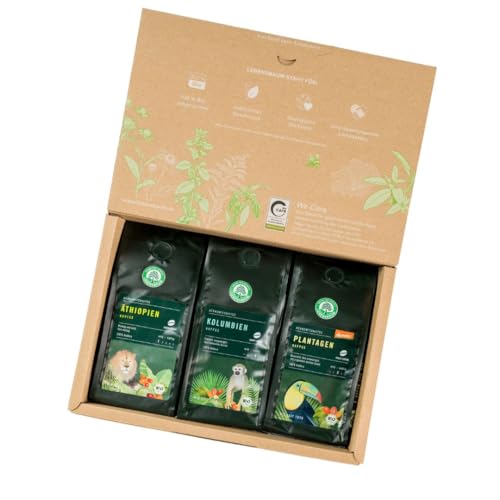 LEBENSBAUM Bio Kaffee Geschenkset Herkunftskaffee ganze Bohne, Bio-Kaffee Set aus Äthiopien Kaffee ganze Bohne (250 g), Kolumbien Kaffee ganze Bohne (250 g), Plantagen Kaffee ganze Bohne (250 g) von Lebensbaum