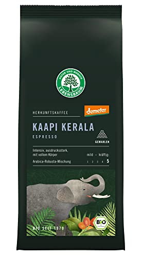 LEBENSBAUM gemahlener Espresso Kaapi Kerala, Bio Espresso gemahlen, Arabica-Robusta-Mischung, Intensität 5/5, intensiv-aromatischer Kaffeegenuss, 250 g von Lebensbaum