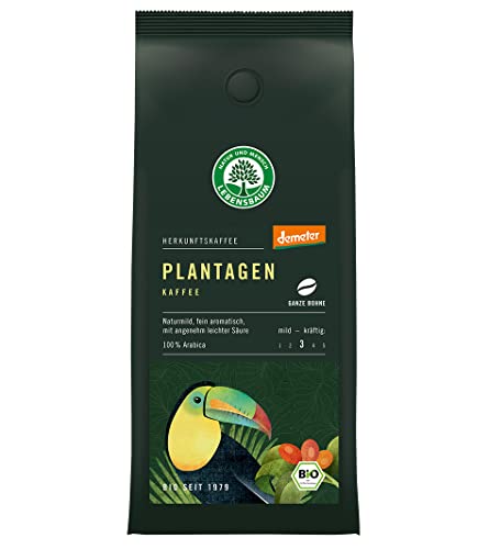 LEBENSBAUM Plantagen Kaffee, sortenreiner Arabica-Röstkaffee, naturmild & fein aromatisch, Demeter-Arabica mit angenehm leichter Säure, ganze Bohne, 250 g von Lebensbaum