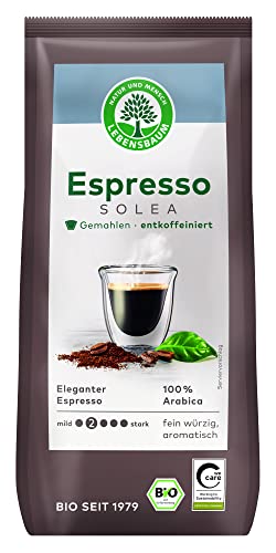 LEBENSBAUM entkoffeinierter Espresso Solea gemahlen, Bio Espressopulver aus 100% Arabica Bohnen, Intensität 2/5, sanft aromatisch, 250 g von Lebensbaum