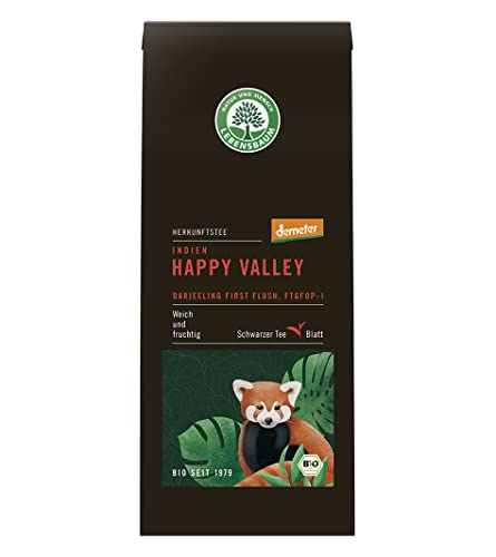 Lebensbaum Happy Valley, Darjeeling First Flush, Bio-Schwarztee, Darjeeling Blatt, weich-fruchtiger Geschmack mit zarter Orangenblüten- und Honignote, 100 g von Lebensbaum