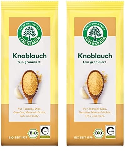 Lebensbaum Knoblauch, Bio-Knoblauchgranulat für Dips, Gemüse, Meeresfrüchte & Tofu, mild-süßer Genuss, fein granuliert, 70 g (Packung mit 2) von Lebensbaum