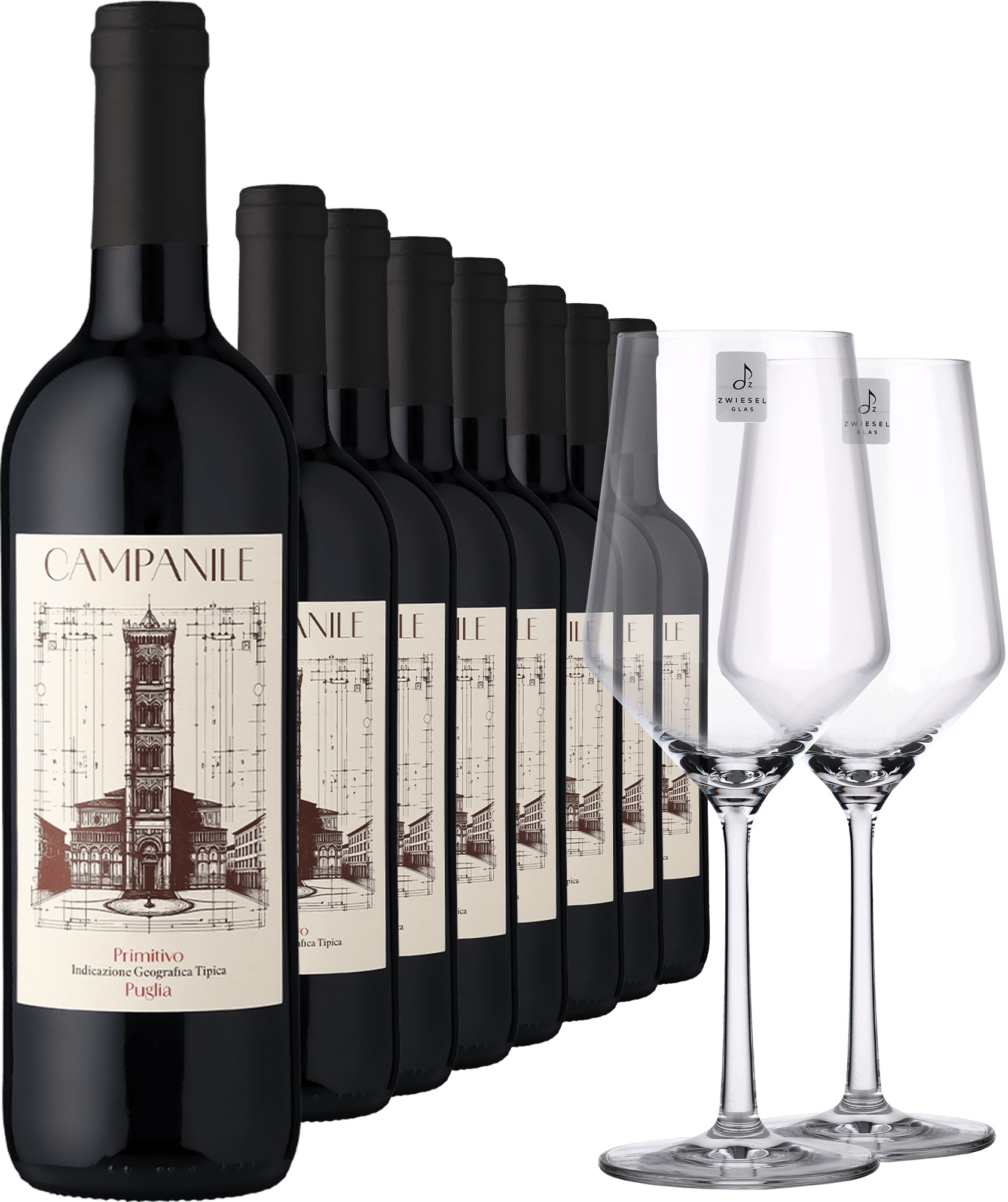 2023 Campanile Primitivo im 8er-Vorratspaket inkl. 2er-Set Zwiesel Glas »PURE«