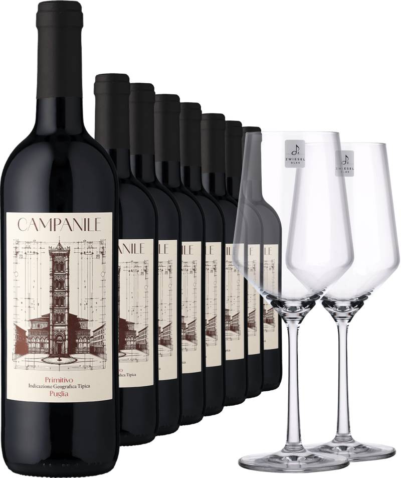 2023 Campanile Primitivo im 8er-Vorratspaket inkl. 2er-Set Zwiesel Glas »PURE«