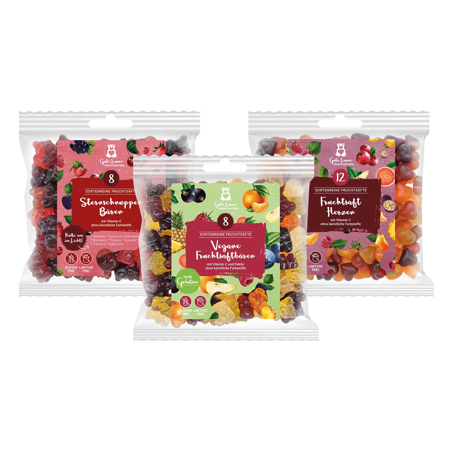 3er-Set 150g leckere Fruchtgummi | Sternschnuppen Bären, Fruchtsaftherzen und V...