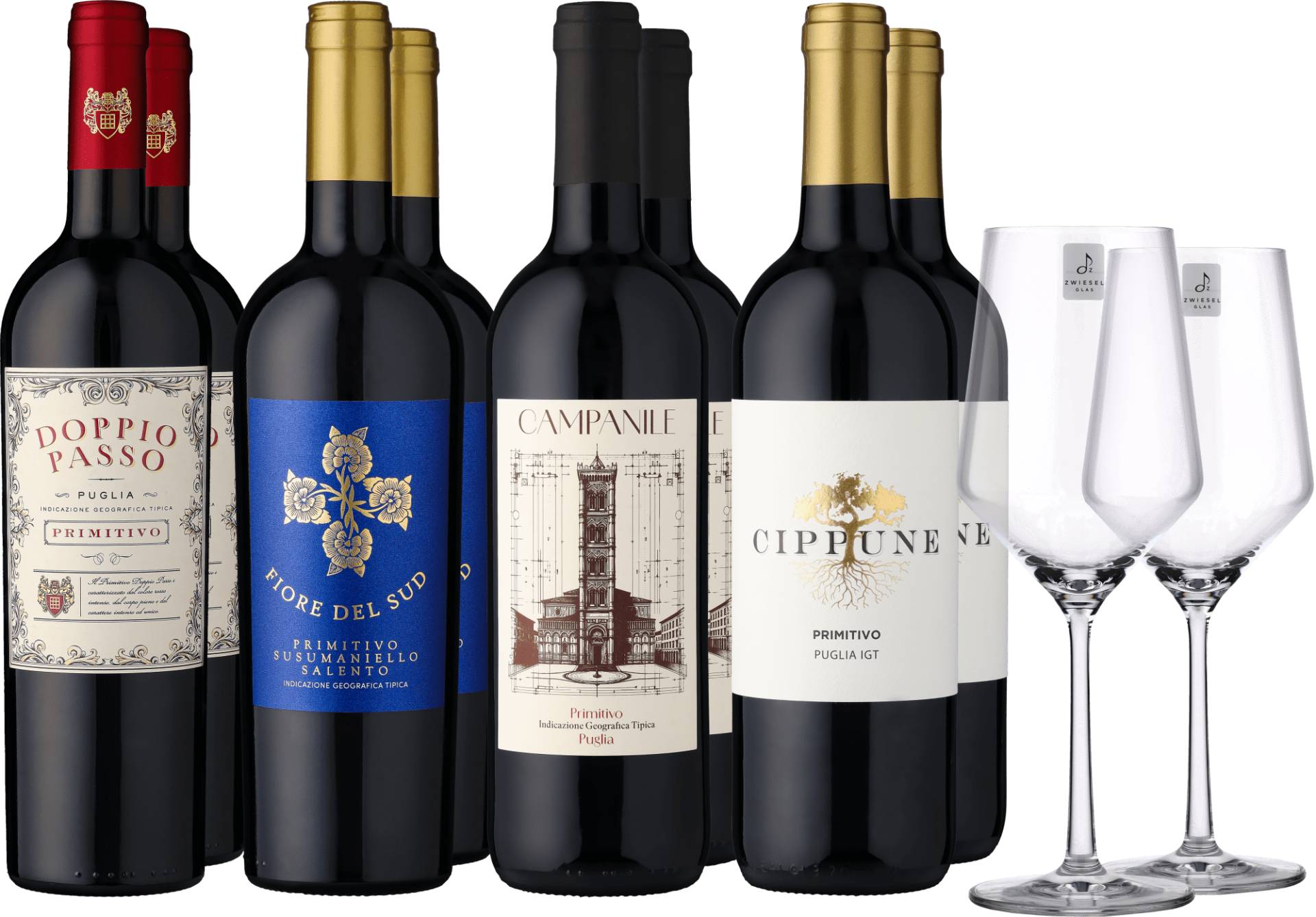 8er-Probierpaket »Primitivo-Vielfalt« + 2er-Set Zwiesel Glas »Pure« GRATIS