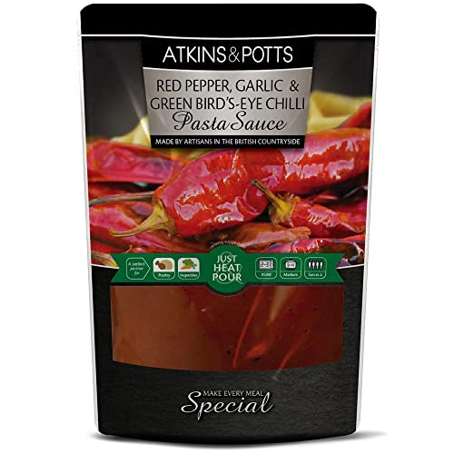 Atkins and Potts Red Pepper, Garlic & Green Bird's-Eye Chili Pasta Sauce – Machen Sie jede Mahlzeit zu etwas Besonderem – Great Taste Award Gewinner – geeignet für Vegetarier & Veganer – 350 g Beutel von Atkins & Potts