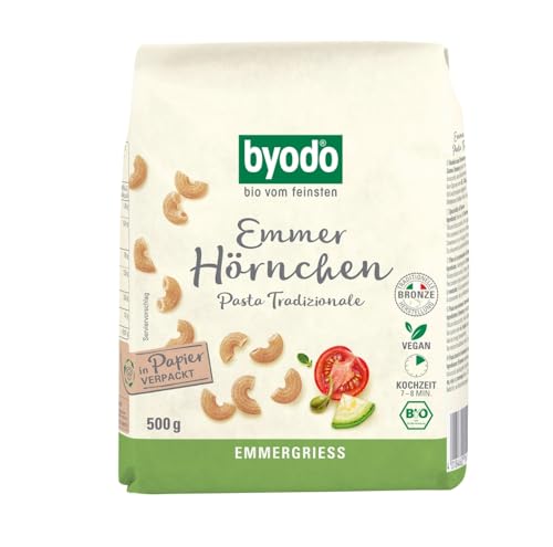 Byodo Bio Emmer Hörnchen, 500g - Italienischer Emmergrieß Pasta, 100% Bio, Bronze-Matrizen, Ideal für Al Dente Genuss, Kochzeit 7-8 Minuten von Byodo