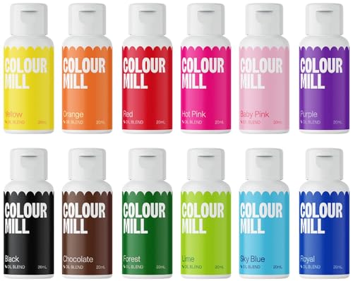 Colour Mill Oil Blend Kickstarter Lebensmittelfarben auf Ölbasis - Lebensmittelfarben: Yellow, Orange, Red, Hot Pink, Baby Pink, Purple, Blac, Chocolate, Forest, Lime, Sky Blue, Royal - Set/12 von Colour Mill