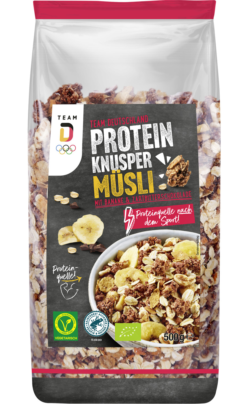 Edeka Team Deutschland Bio Protein Knusper Müsli mit Banane & Zartbitterschokolade 500G