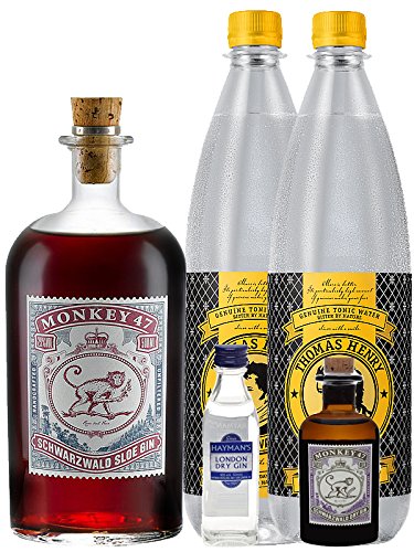 Gin-Set Monkey 47 SLOE GIN Schwarzwald Dry Gin 0,5 Liter + Haymans SLO Gin 5cl + Monkey 47 Schwarzwald Dry Gin 5 cl MINIATUR + 2 x Thomas Henry Tonic Water 1,0 Liter