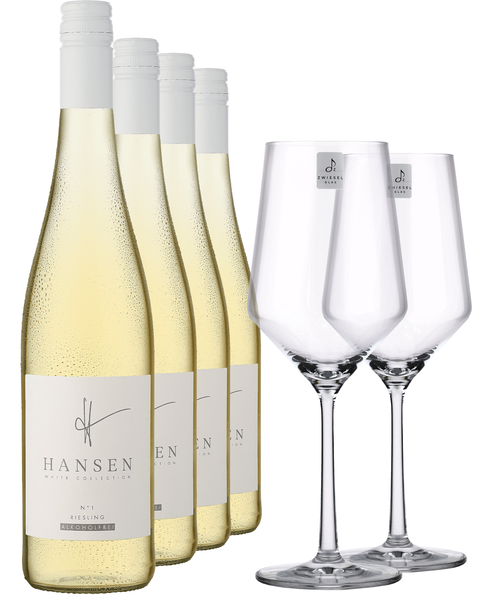 HANSEN »White Collection« N°1 Riesling Alkoholfrei im 4er-Vorratspaket inkl. 2 Zwiesel Gläser