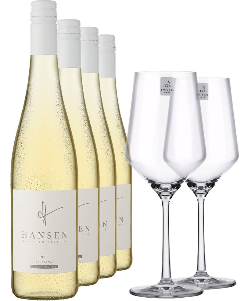 HANSEN »White Collection« N°1 Riesling Alkoholfrei im 4er-Vorratspaket inkl. 2 Zwiesel Gläser