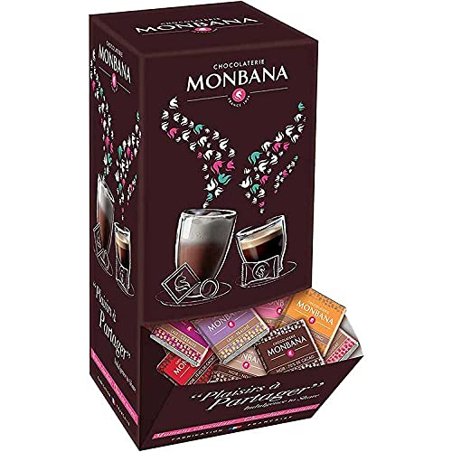 Monbana Box 800 gr Sortiment von 200 Quadraten Schokolade. 10 verschiedene Geschmacksrichtungen, Milchschokolade, dunkle 70% von Monbana