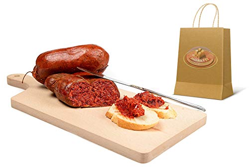 Moretti® Nduja Calabrese Di Spilinga Würziges Original Artisan | 800gr Vakuumverpackung | Keine GVO 100 % NATÜRLICH im Darm | Streichsalami aus reinem Schweinefleisch | Holzschneidebrett als Geschenk von Moretti