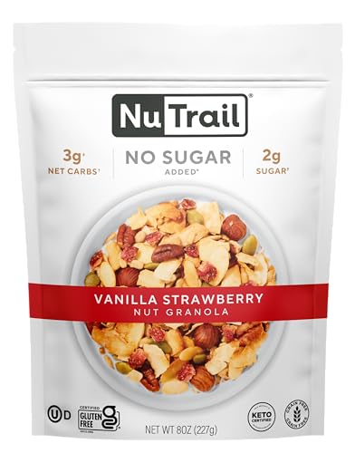 NuTrail – Keto Vanille Erdbeer-Müsli Gesundes Frühstücks-Müsli – Low Carb Snacks & Food – 3 g Net Carbs – glutenfrei, getreidefrei – Mandeln, Pekannüsse, Kokosnuss und mehr (325 ml)