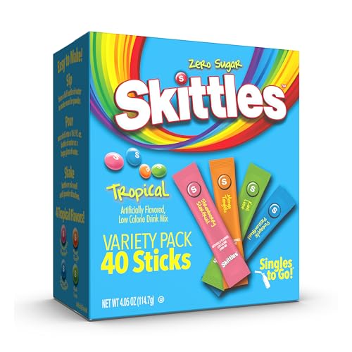 Skittles Singles To Go Tropische Geschmacksrichtung, gepuderte Getränkemischung, enthält 4 Aromen, Erdbeer-Sternenfrucht, Mango-Tangelo, Kiwi-Limette, Ananas-Passionsfrucht, 40 Stück von Skittles