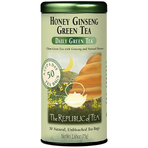 The Republic of Tea Honey Ginseng Green Tea – Aromatisierter Grüner Tee mit Honig & Ginseng – Erfrischender Grüntee mit natürlichen Zutaten – 50 Teebeutel in stilvoller Metalldose von The Republic of Tea