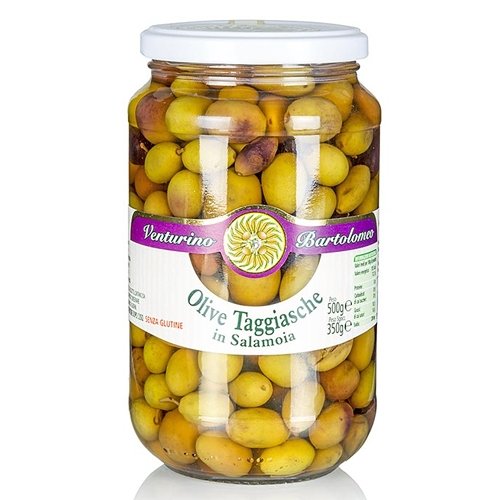 Venturino Oliven, Grüne & Schwarze Taggiasca-Oliven, Mit Kern, In Lake, 500 g von Venturino