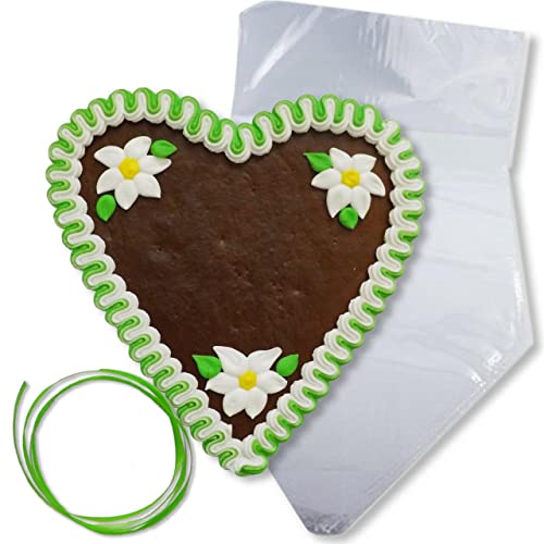 Lebkuchenherz Rohling - Rand und Deko F2 grün-weiß - 21cm - zum selber beschriften, inkl. transparenter Wiederverpackung (1x170g) von Lebkuchenwelt