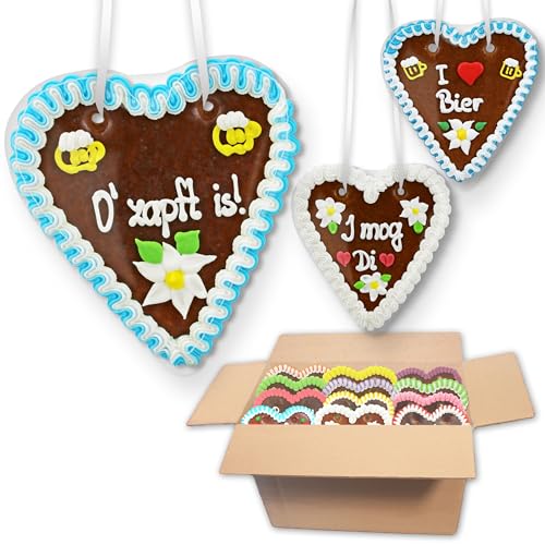 20x Lebkuchen Herzen je Mischkarton - Klassische Jahrmarkt Sprüche 18cm - Premium Qualität Frisch & Saftig Lebkuchenherz Volksfest Rummel Kirwa Sprüche LEBKUCHEN WELT von Lebkuchenwelt